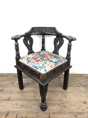 Victorian Carved Oak Corner Chair with Floral Upholstery (1 of 9)