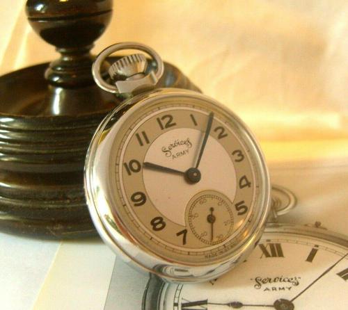 Vintage Pocket Watch 1955 Services Army Two Tone Dial Chrome Case FWO (1 of 10)