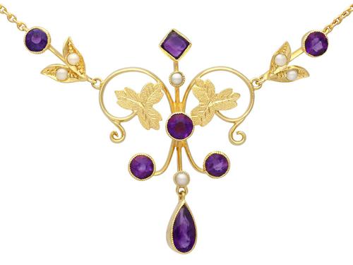 1.45ct Amethyst & Seed Pearl, 15ct Yellow Gold Necklace - Antique c.1880 (1 of 9) 1.45ct Amethyst & Seed Pearl, 15ct Yellow Gold Necklace - Antique c.1880 (1 of 9)