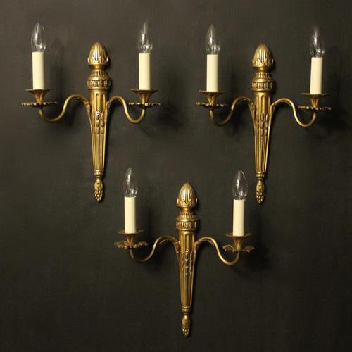 French Set of 3 Twin Arm Gilded Antique Wall Lights (1 of 10)