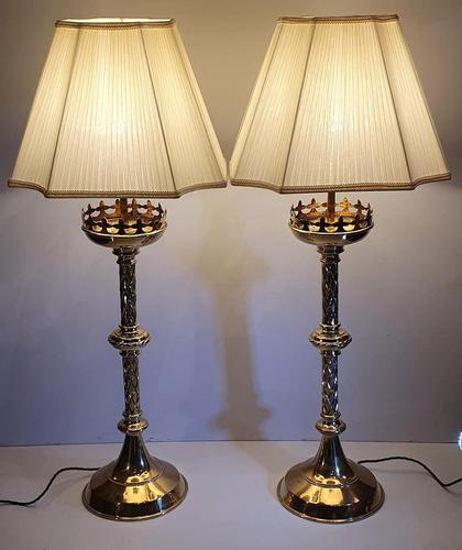 19th Century Gothic Brass Candlesticks Polished & Converted to Table Lamps (1 of 5)