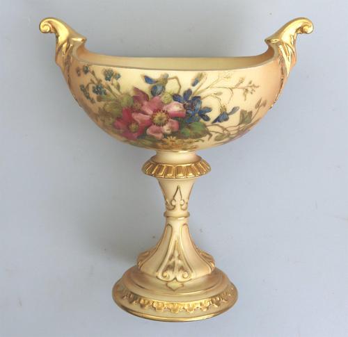 Large & Fine Royal Worcester Blush Ivory Style & Floral Navette Pedestal Bowl c.1912 (1 of 8)