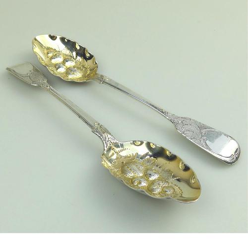 Samuel Smiley : Fine Pair of Heavy 152g Solid Silver Berry Spoons C.1874 (1 of 6)