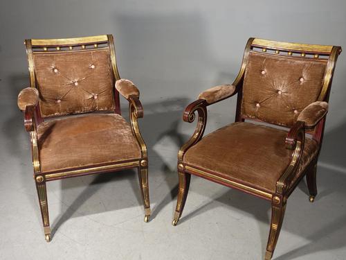 Elegant Pair of Regency Style Faux Rosewood Parcel Gilt Chairs c.1890 (1 of 6) Elegant Pair of Regency Style Faux Rosewood Parcel Gilt Chairs c.1890 (1 of 6)