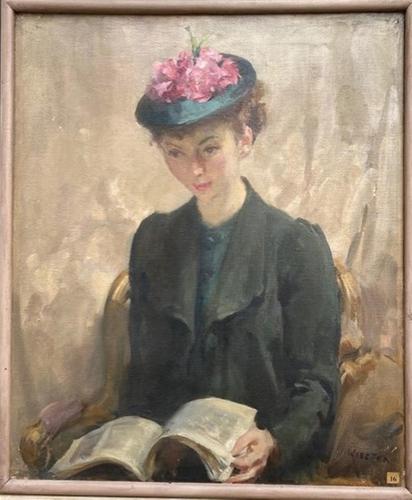 'Young lady wearing a floral hat' oil painting by Walter E Webster (1 of 1)