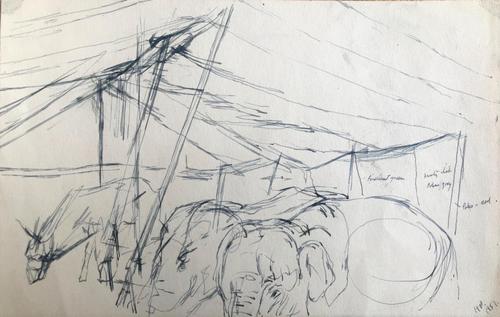 Original pen and ink drawing 'Circus elephants and horse 1951'. By Helmut Petzsch 1920-2008. Initialled and dated 51. (1 of 1) Original pen and ink drawing 'Circus elephants and horse 1951'. By Helmut Petzsch 1920-2008. Initialled and dated 51. (1 of 1)