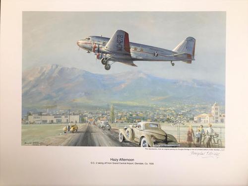 Original lithograph 'Hazy afternoon. D.C.2 taking off from Grand Central Airport, Glendale, Ca. By Douglas Ettridge 1927-2009. Signed and numbered 106/500 (1 of 2) Original lithograph 'Hazy afternoon. D.C.2 taking off from Grand Central Airport, Glendale, Ca. By Douglas Ettridge 1927-2009. Signed and numbered 106/500 (1 of 2)
