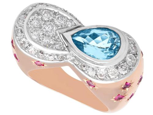 1.36 ct Aquamarine, 0.78 ct Diamond and 0.50 ct Ruby, 18ct Rose Gold Dress Ring - Vintage Circa 1950 (1 of 9) 1.36 ct Aquamarine, 0.78 ct Diamond and 0.50 ct Ruby, 18ct Rose Gold Dress Ring - Vintage Circa 1950 (1 of 9)