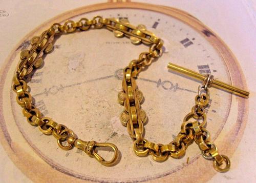 Victorian Pocket Watch Chain 1890s Antique Brass Large Fancy Link Albert With T Bar (1 of 11)