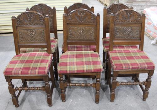 1900s -Set of 6 Oak Quality Carved Dining Chairs with Tartan Cushions (1 of 4)