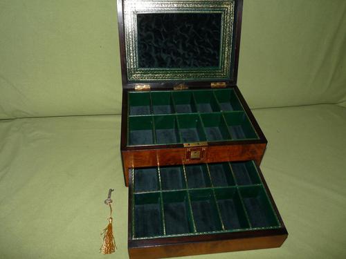 Inlaid Figured Walnut Jewellery Box - Plush Interior c.1875 (1 of 12)