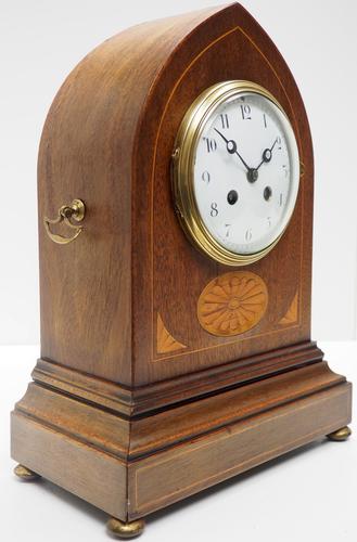 Fantastic French Inlaid Lancet Mantel Clock Multi Wood inlay 8 Day Striking Mantle Clock (1 of 10)