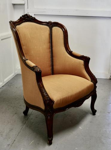 French Carved Walnut & Salon Chair, Upholstered in Silk (1 of 10)