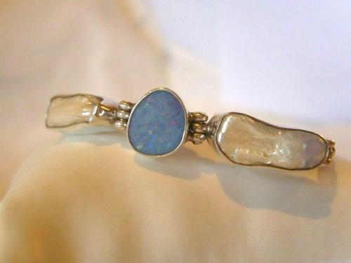 Vintage Silver Opal & Blister Pearl Bracelet 1970s 7 3/4" Length 15.6 Grams (1 of 12)