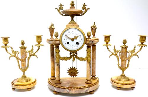 Antique 8 Day French Ormolu & Marble Mantel Clock Set with 2 Branch Candelabras (1 of 10)