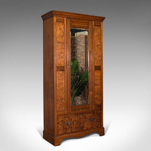 Antique Wardrobe, English, Pitch Pine, Closet, Dressing Mirror, Victorian c.1900 (1 of 12)