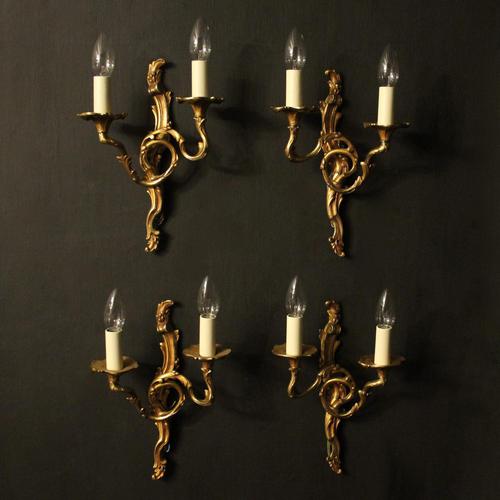 French Set of 4 Gilded Opposing Twin Arm Wall Lights (1 of 9)