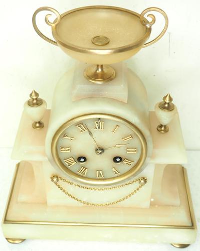 Wonderful French 8-Day Mantel Clock Alabaster Clock with Ormolu Mounts Striking A Bell (1 of 12)