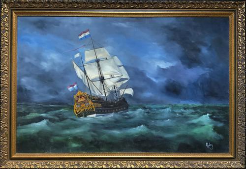 Huge Magnificent 20th Century Vintage Seascape Oil Painting - Battleship in Rough Sea (1 of 12) Huge Magnificent 20th Century Vintage Seascape Oil Painting - Battleship in Rough Sea (1 of 12)