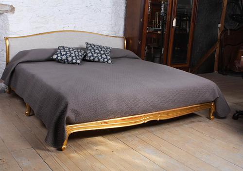 Lovely Big Rare Gilded 2 Meter Wide Newly Upholstered Lit Bateau Bed (1 of 10)