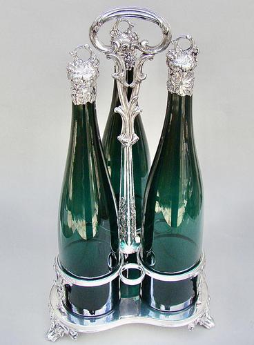 Fabulous Set of 3 Victorian Silver Mounted Bristol Green Glass Decanter By Henry Wilkinson & Co, Birmingham 1839 - in Original Silver Plated Stand (1 of 12) Fabulous Set of 3 Victorian Silver Mounted Bristol Green Glass Decanter By Henry Wilkinson & Co, Birmingham 1839 - in Original Silver Plated Stand (1 of 12)