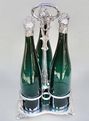 Fabulous Set of 3 Victorian Silver Mounted Bristol Green Glass Decanter By Henry Wilkinson & Co, Birmingham 1839 - in Original Silver Plated Stand (1 of 12)