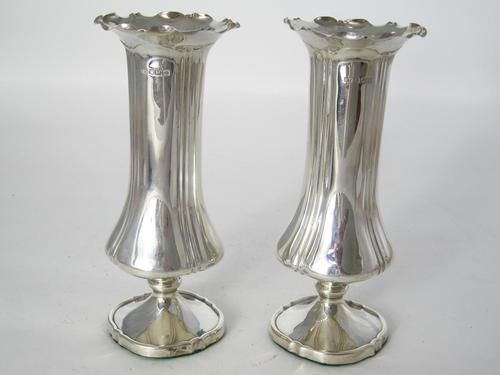 Pair of Edwardian Silver Vases with a Crimped Scalloped Rim (1 of 5)