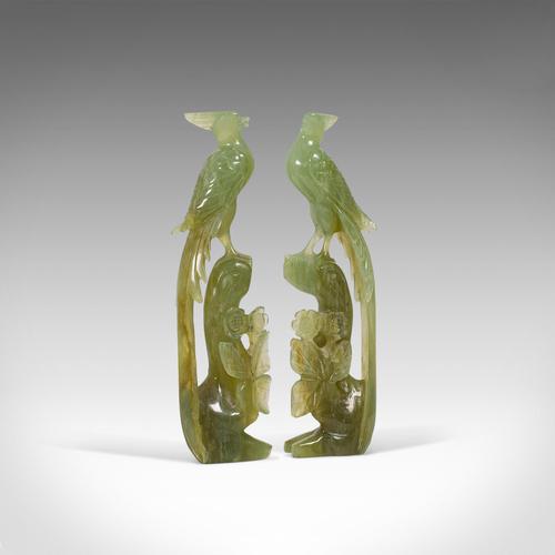 Pair of, Antique Carved Figures, Oriental, Jade, Bird of Paradise, Victorian (1 of 12)