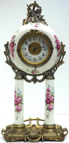 Antique Porcelain Portico Mantel Clock Rose & Blue Floral Mantle Clock (1 of 7)