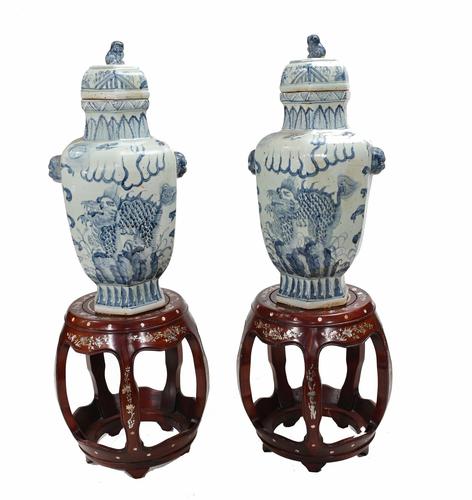 Pair Chinese Barrel Seats Pedestal Stand Tables (1 of 11)