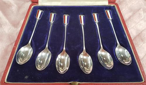 Cased Set of 6 Silver & Enamelled Tea Spoons (1 of 5)