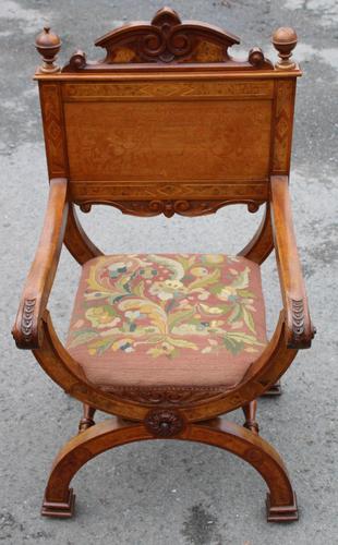 1900's Quality Walnut X Chair with Inlay & Pretty Upholstered Seat (1 of 4)