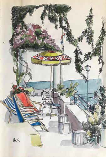 Original watercolour 'Deckchairs and Bougainvillea' by Helen Hale ROI,SWA,NS. B.1936. c.1970 (1 of 1) Original watercolour 'Deckchairs and Bougainvillea' by Helen Hale ROI,SWA,NS. B.1936. c.1970 (1 of 1)