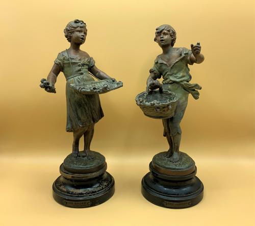 Fab Pair of 19th Century French Bronzed Spelter Statues Figurines Flower & Cherry Sellers (1 of 11)