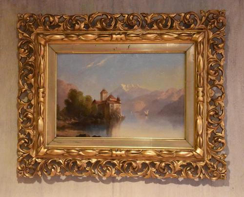 Alpine scene oil painting with castle by a lake (1 of 6) Alpine scene oil painting with castle by a lake (1 of 6)