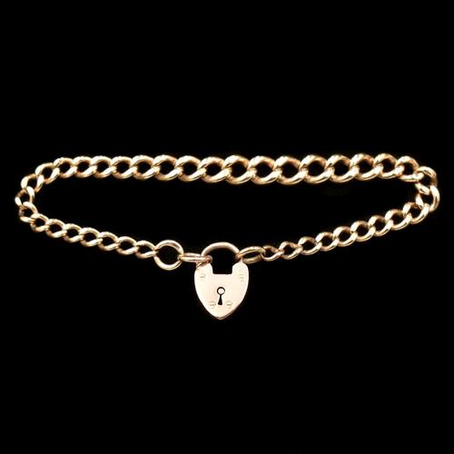 Antique Heart Padlock Graduated Curb 9ct 9K Gold Bracelet 7.5" (1 of 9)