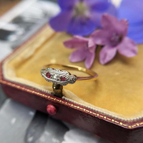 Art Deco 18ct Yellow Gold, Platinum, Ruby & Diamond Trilogy Ring, Antique (1 of 9)