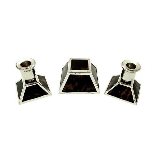 Antique Sterling Silver & Tortoiseshell Inkwell & Candlesticks Desk Set 1922 (1 of 13)