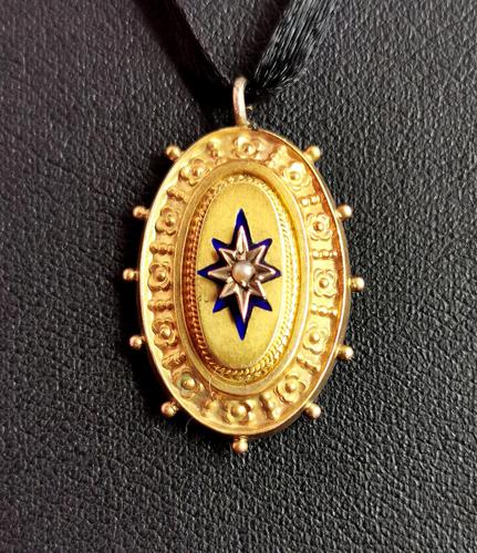 Victorian 9ct Gold Blue Enamel Pendant, Seed Pearl Star (1 of 10)