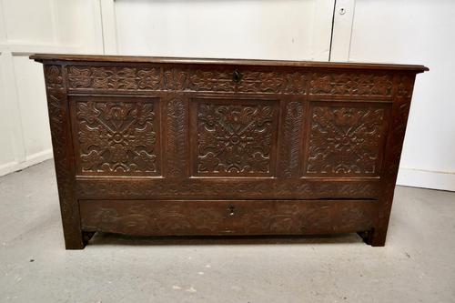 Large Carved Oak Mule Chest, Marriage Chest (1 of 10)