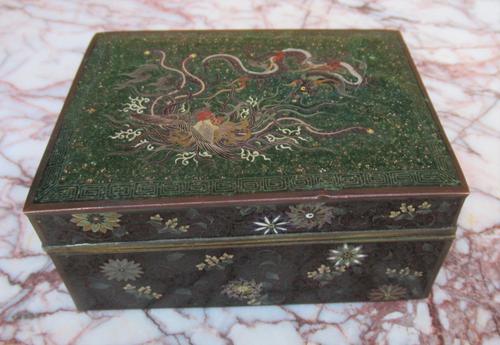 Antique Japanese Cloisonne Enamel Box & Cover, Dragon & Phoenix Design (1 of 12)