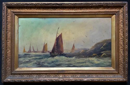 19thc (British School) Fishing Boats In Rough Seas Oil On Board Painting (1 of 13)