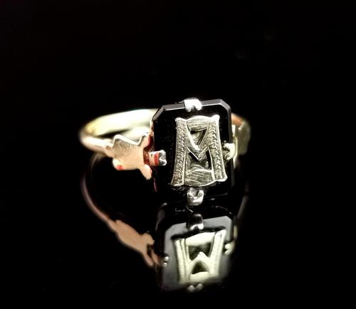 Antique Victorian Mourning Ring, Initial M, Onyx and 9ct Gold (1 of 10)