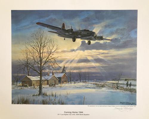 Original lithograph 'Coming home 1944. B.17 Los Angeles City Limits. 355 Bomb Squadron'. By Douglas Ettridge 1927-2009. Signed and numbered 103/500 (1 of 2) Original lithograph 'Coming home 1944. B.17 Los Angeles City Limits. 355 Bomb Squadron'. By Douglas Ettridge 1927-2009. Signed and numbered 103/500 (1 of 2)