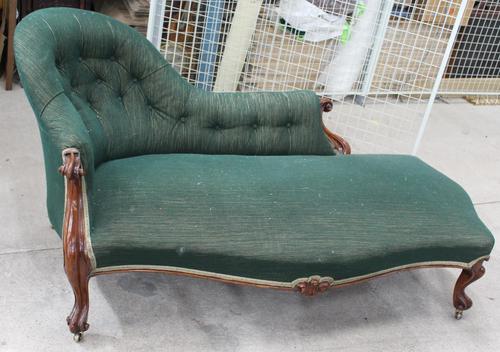 1900's Carved Mahogany Chaise with Buttoned Back in Green (1 of 3) 1900's Carved Mahogany Chaise with Buttoned Back in Green (1 of 3)