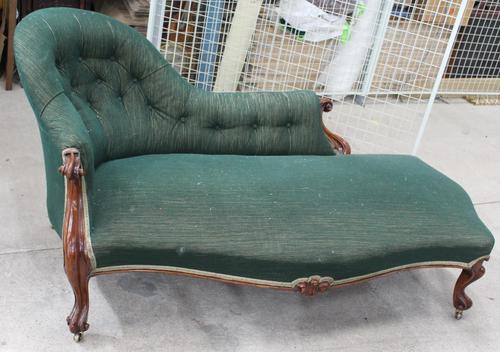 1900's Carved Mahogany Chaise with Buttoned Back in Green (1 of 3)