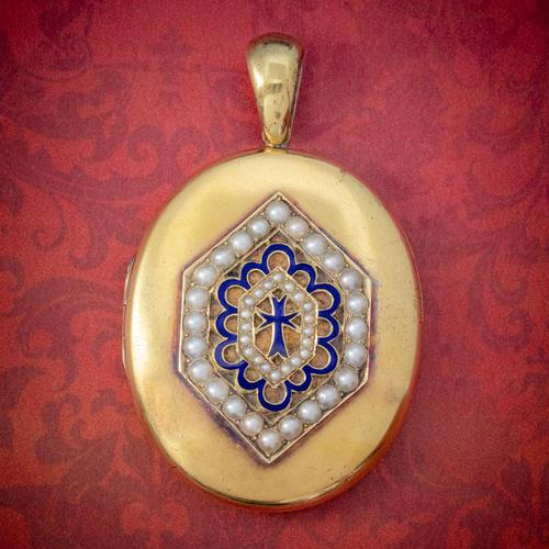 Antique Victorian 18ct Gold Pearl Locket Blue Enamel Cross Circa 1900 Boxed (1 of 6)