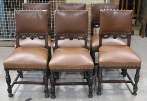 1940s Set of 6 Oak Dining Chairs with Brown Leather Seats (1 of 3)