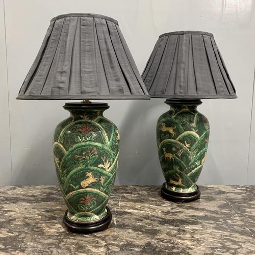 Pair of Bulbous Oriental Ceramic Lamps (1 of 7)