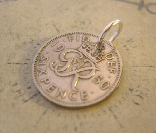 Vintage Pocket Watch Chain Fob 1950 Lucky Silver Sixpence Old 6d Coin Fob (1 of 8)